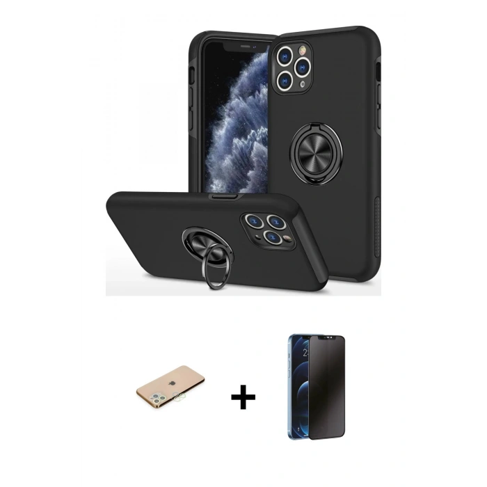 MARSİLYAN™- iPhone 11 Pro Max Kılıf Odak Form Prime - Siyah 3D Antistatik Hayalet Cam Ekran Koruyucu + Renkli Kamera Lens Koruma Cam - YL