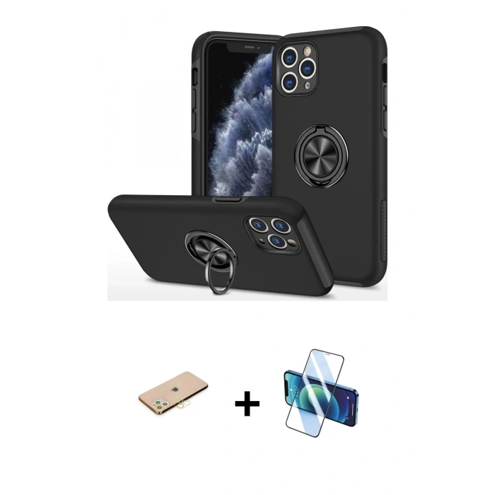 MARSİLYAN™- iPhone 11 Pro Max Kılıf Odak Form Prime - Siyah 3D Antistatik Seramik Nano Ekran Koruyucu + Renkli Kamera Lens Koruma Cam - SI