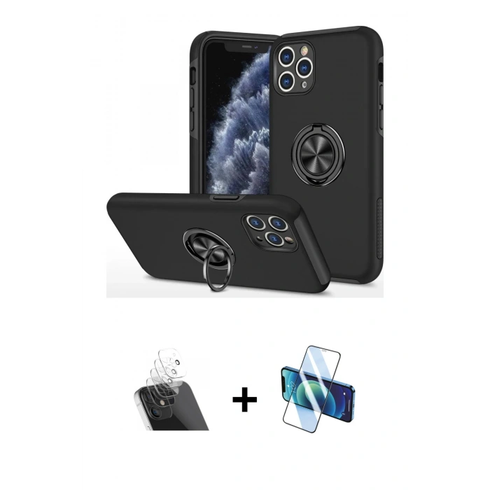 MARSİLYAN™- iPhone 11 Pro Max Kılıf Odak Form Prime - Siyah 3D Antistatik Seramik Nano Ekran Koruyucu + Şeffaf Kamera Lens Koruma Cam