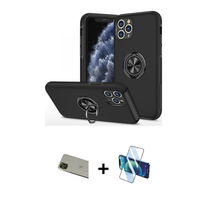 MARSİLYAN™- iPhone 11 Pro Max Kılıf Odak Form Prime - Siyah 3D Antistatik Seramik Nano Ekran Koruyucu + Rainbow Kamera Lens Koruma Cam - YL