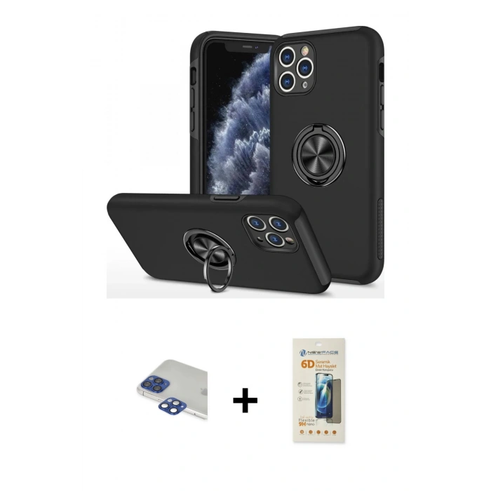 MARSİLYAN™- iPhone 11 Pro Max Kılıf Odak Form Prime - Siyah 6D Mat Seramik Hayalet Nano Ekran Koruyucu + Pers Alüminyum Kamera Lens - LT