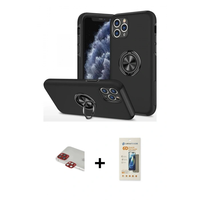 MARSİLYAN™- iPhone 11 Pro Max Kılıf Odak Form Prime - Siyah 6D Mat Seramik Hayalet Nano Ekran Koruyucu + Pers Alüminyum Kamera Lens - KI