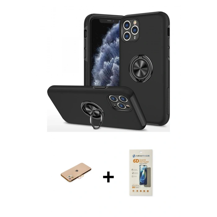 MARSİLYAN™- iPhone 11 Pro Max Kılıf Odak Form Prime - Siyah 6D Mat Seramik Hayalet Nano Ekran Koruyucu + Renkli Kamera Lens Koruma Cam - TU