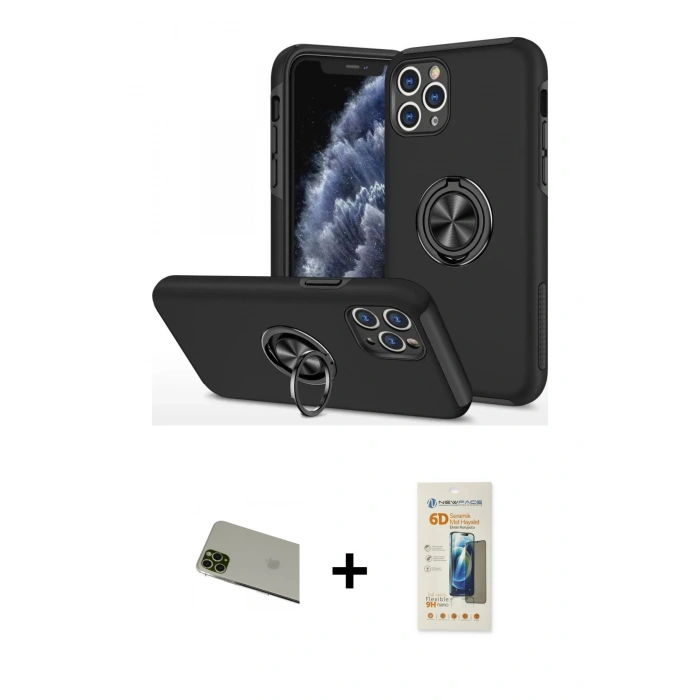 MARSİLYAN™- iPhone 11 Pro Max Kılıf Odak Form Prime - Siyah 6D Mat Seramik Hayalet Nano Ekran Koruyucu + Rainbow Kamera Lens Koruma Cam - YL