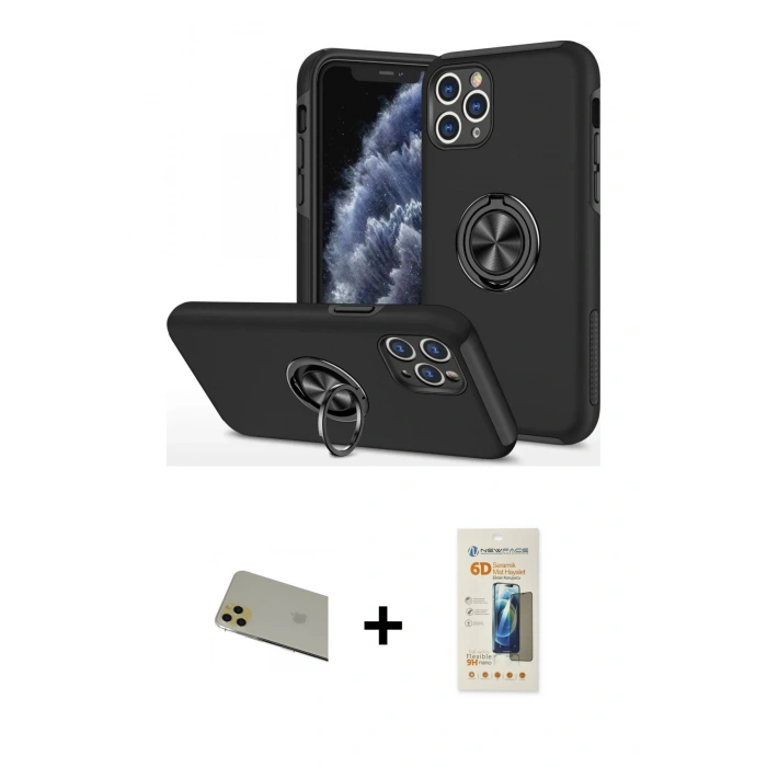 MARSİLYAN™- iPhone 11 Pro Max Kılıf Odak Form Prime - Siyah 6D Mat Seramik Hayalet Nano Ekran Koruyucu + Rainbow Kamera Lens Koruma Cam - GD