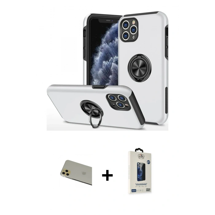 MARSİLYAN™- iPhone 11 Pro Max Kılıf Odak Form Prime - Siyah Bilvis Hayalet Cam Ekran Koruyucu + Rainbow Kamera Lens Koruma Cam - GD