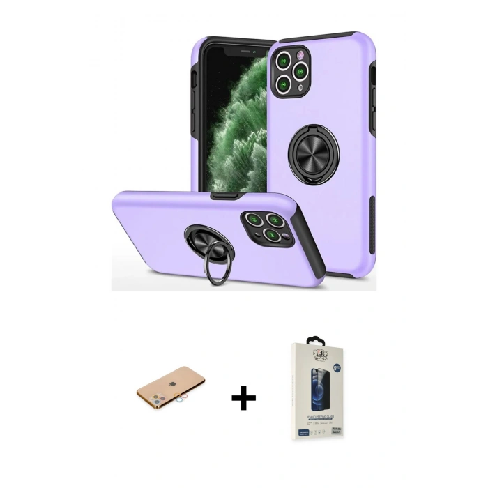 MARSİLYAN™- iPhone 11 Pro Max Kılıf Odak Form Prime - Siyah Bilvis Hayalet Cam Ekran Koruyucu + Pembe Renkli Kamera Lens Koruma Cam