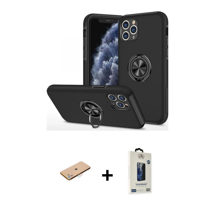 MARSİLYAN™- iPhone 11 Pro Max Kılıf Odak Form Prime - Siyah Bilvis Hayalet Cam Ekran Koruyucu + Pembe Renkli Kamera Lens Koruma Cam