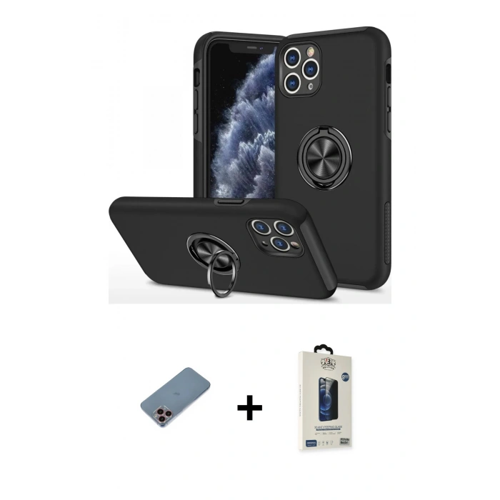 MARSİLYAN™- iPhone 11 Pro Max Kılıf Odak Form Prime - Siyah Bilvis Hayalet Cam Ekran Koruyucu + Shine Kamera Lens Koruma Cam - PE