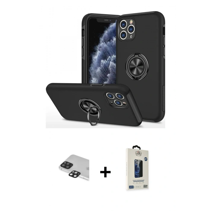 MARSİLYAN™- iPhone 11 Pro Max Kılıf Odak Form Prime - Siyah Bilvis Hayalet Cam Ekran Koruyucu + Pers Alüminyum Kamera Lens - SH