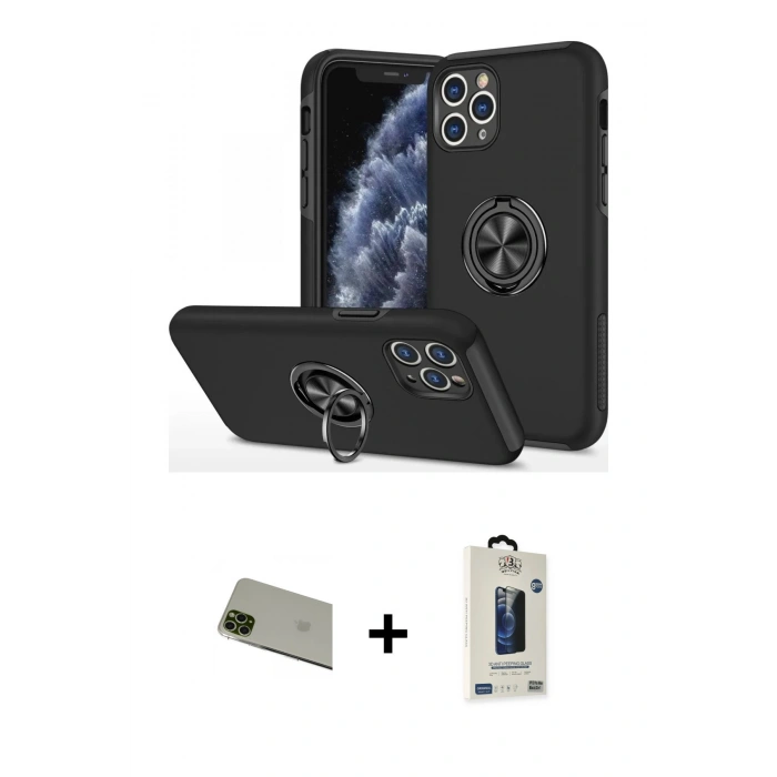 MARSİLYAN™- iPhone 11 Pro Max Kılıf Odak Form Prime - Siyah Bilvis Hayalet Cam Ekran Koruyucu + Rainbow Kamera Lens Koruma Cam - YL