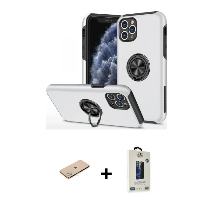 MARSİLYAN™- iPhone 11 Pro Max Kılıf Odak Form Prime - Siyah Bilvis Hayalet Cam Ekran Koruyucu + Renkli Kamera Lens Koruma Cam - YL