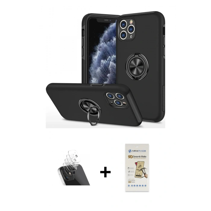 MARSİLYAN™- iPhone 11 Pro Max Kılıf Odak Form Prime - Siyah Mat Seramik Nano Ekran Koruyucu + Kamera Lens Koruma Cam - SF