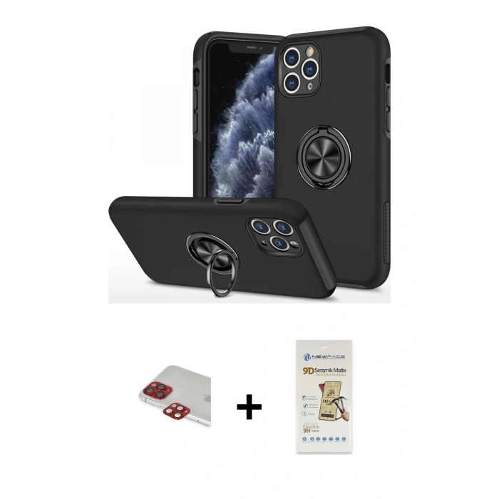 MARSİLYAN™- iPhone 11 Pro Max Kılıf Odak Form Prime - Siyah Mat Seramik Nano Ekran Koruyucu + Kırmızı Pers Alüminyum Kamera Lens