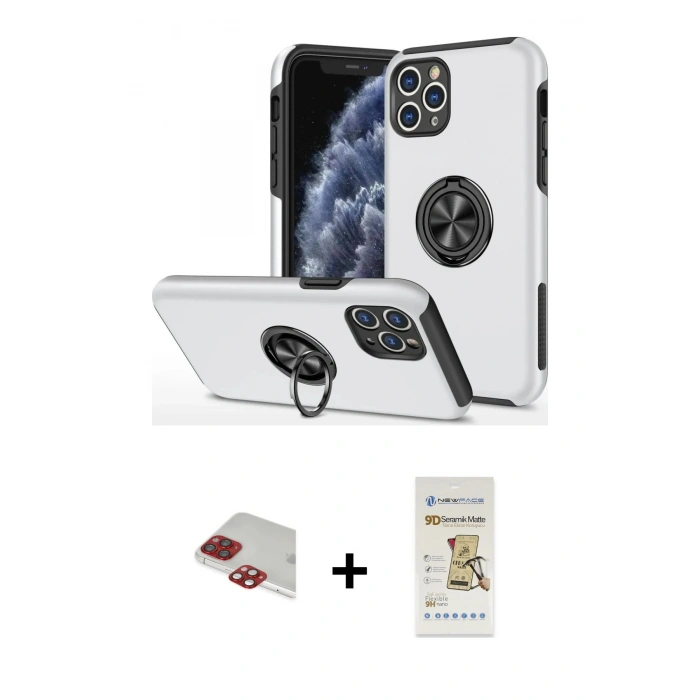 MARSİLYAN™- iPhone 11 Pro Max Kılıf Odak Form Prime - Siyah Mat Seramik Nano Ekran Koruyucu + Kırmızı Pers Alüminyum Kamera Lens