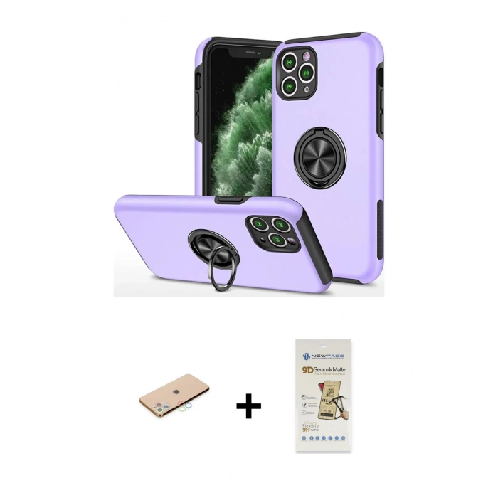 MARSİLYAN™- iPhone 11 Pro Max Kılıf Odak Form Prime - Siyah Mat Seramik Nano Ekran Koruyucu + Mavi Renkli Kamera Lens Koruma Cam