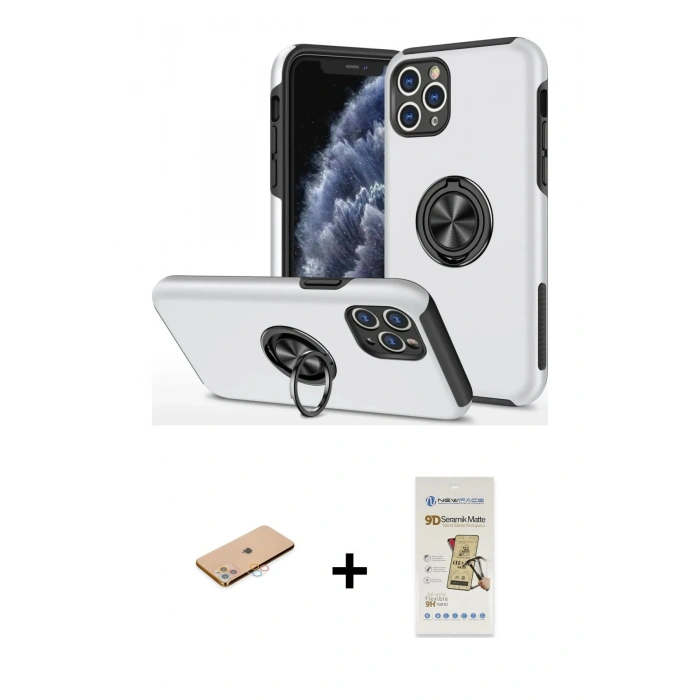 MARSİLYAN™- iPhone 11 Pro Max Kılıf Odak Form Prime - Siyah Mat Seramik Nano Ekran Koruyucu + Renkli Kamera Lens Koruma Cam - PE