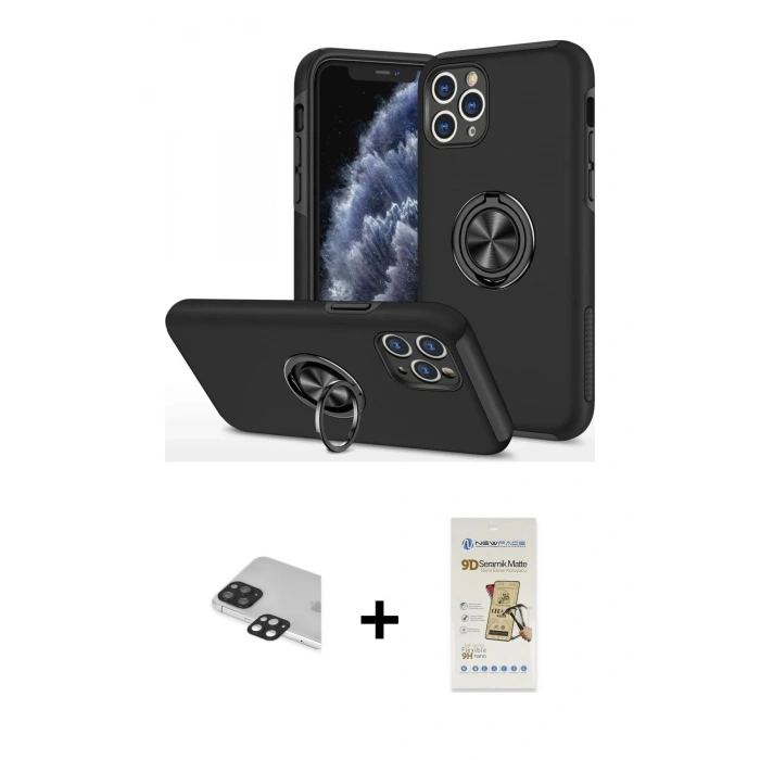 MARSİLYAN™- iPhone 11 Pro Max Kılıf Odak Form Prime - Siyah Mat Seramik Nano Ekran Koruyucu + Pers Alüminyum Kamera Lens - SH