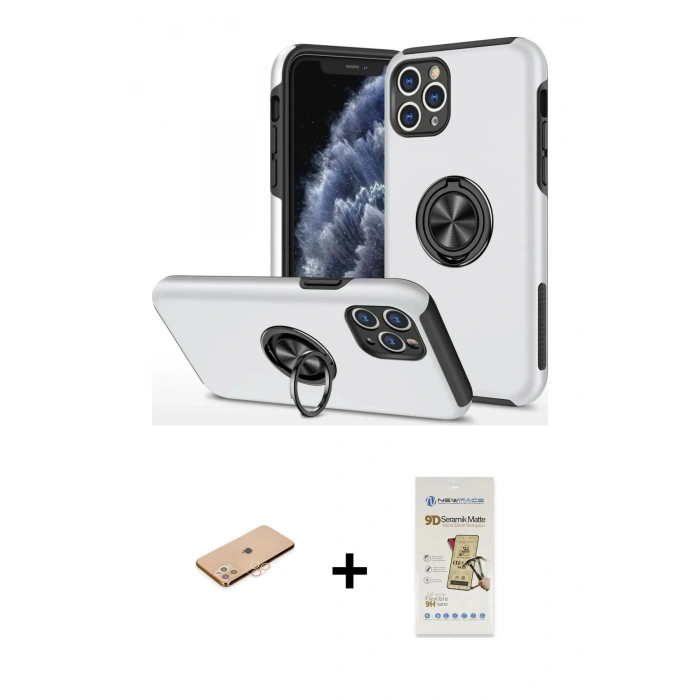 MARSİLYAN™- iPhone 11 Pro Max Kılıf Odak Form Prime - Siyah Mat Seramik Nano Ekran Koruyucu + Renkli Kamera Lens Koruma Cam - TU