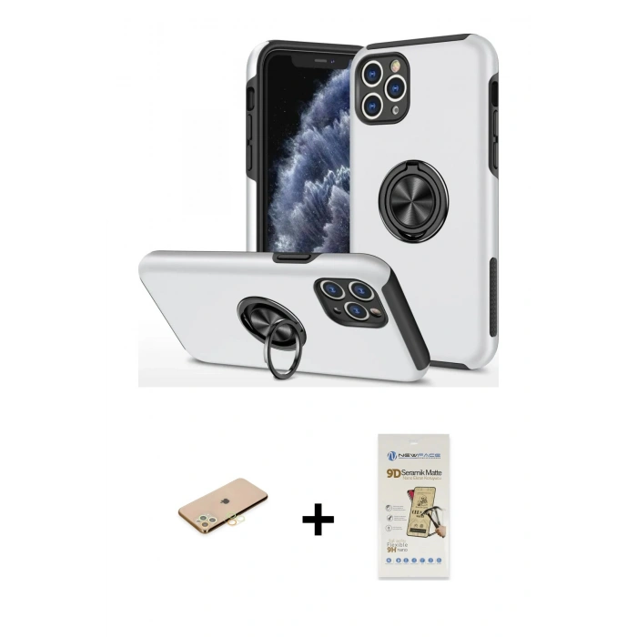 MARSİLYAN™- iPhone 11 Pro Max Kılıf Odak Form Prime - Siyah Mat Seramik Nano Ekran Koruyucu + Renkli Kamera Lens Koruma Cam - SI