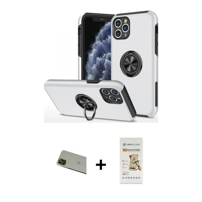 MARSİLYAN™- iPhone 11 Pro Max Kılıf Odak Form Prime - Siyah Mat Seramik Nano Ekran Koruyucu + Rainbow Kamera Lens Koruma Cam - YL
