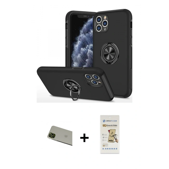 MARSİLYAN™- iPhone 11 Pro Max Kılıf Odak Form Prime - Siyah Mat Seramik Nano Ekran Koruyucu + Rainbow Kamera Lens Koruma Cam - YL