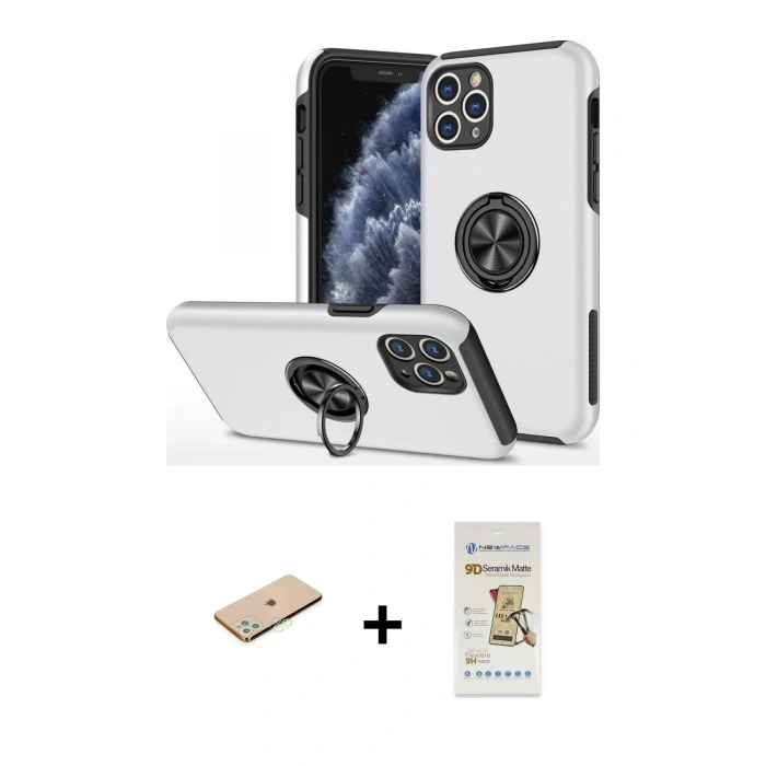 MARSİLYAN™- iPhone 11 Pro Max Kılıf Odak Form Prime - Siyah Mat Seramik Nano Ekran Koruyucu + Yeşil Renkli Kamera Lens Koruma Cam