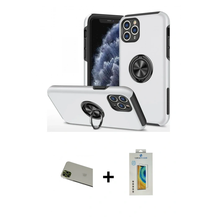 MARSİLYAN™- iPhone 11 Pro Max Kılıf Odak Form Prime - Siyah Polymer Nano Ekran Koruyucu + Rainbow Kamera Lens Koruma Cam - YL