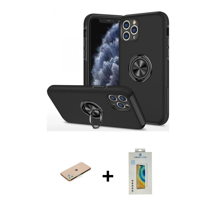 MARSİLYAN™- iPhone 11 Pro Max Kılıf Odak Form Prime - Siyah Polymer Nano Ekran Koruyucu + Renkli Kamera Lens Koruma Cam - YL