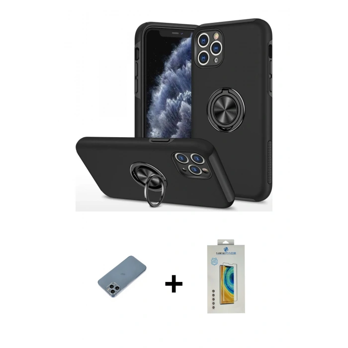 MARSİLYAN™- iPhone 11 Pro Max Kılıf Odak Form Prime - Siyah Polymer Nano Ekran Koruyucu + Shine Kamera Lens Koruma Cam - SABE