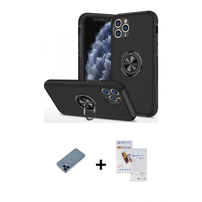 MARSİLYAN™- iPhone 11 Pro Max Kılıf Odak Form Prime - Siyah Seramik Nano Ekran Koruyucu + Metal Kamera Lens Koruma Cam - MI