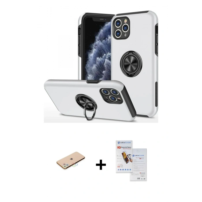 MARSİLYAN™- iPhone 11 Pro Max Kılıf Odak Form Prime - Siyah Seramik Nano Ekran Koruyucu + Mavi Renkli Kamera Lens Koruma Cam