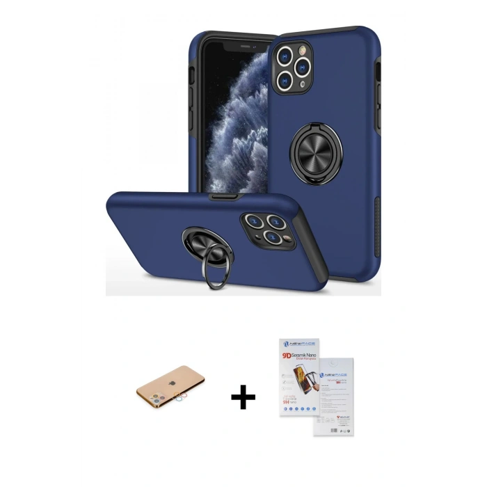 MARSİLYAN™- iPhone 11 Pro Max Kılıf Odak Form Prime - Siyah Seramik Nano Ekran Koruyucu + Renkli Kamera Lens Koruma Cam - PE