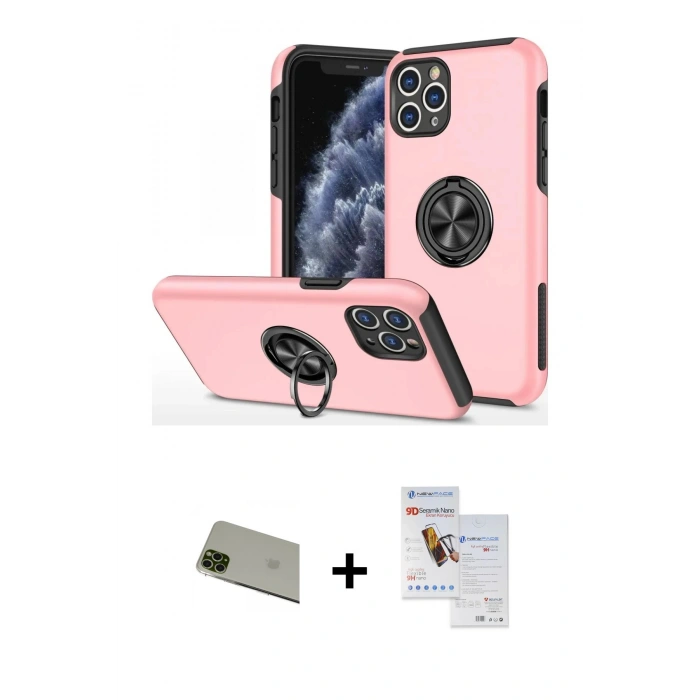 MARSİLYAN™- iPhone 11 Pro Max Kılıf Odak Form Prime - Siyah Seramik Nano Ekran Koruyucu + Rainbow Kamera Lens Koruma Cam - YL