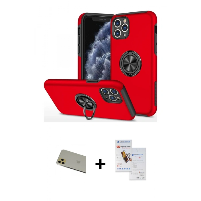 MARSİLYAN™- iPhone 11 Pro Max Kılıf Odak Form Prime - Siyah Seramik Nano Ekran Koruyucu + Rainbow Kamera Lens Koruma Cam - GD
