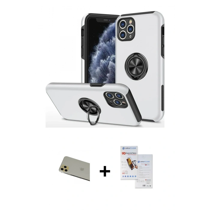 MARSİLYAN™- iPhone 11 Pro Max Kılıf Odak Form Prime - Siyah Seramik Nano Ekran Koruyucu + Rainbow Kamera Lens Koruma Cam - GD