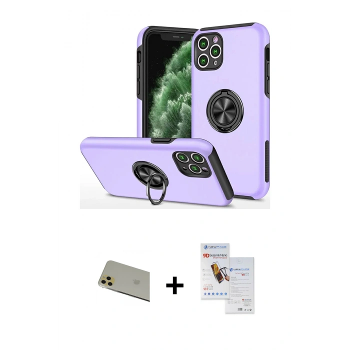 MARSİLYAN™- iPhone 11 Pro Max Kılıf Odak Form Prime - Siyah Seramik Nano Ekran Koruyucu + Rainbow Kamera Lens Koruma Cam - GD