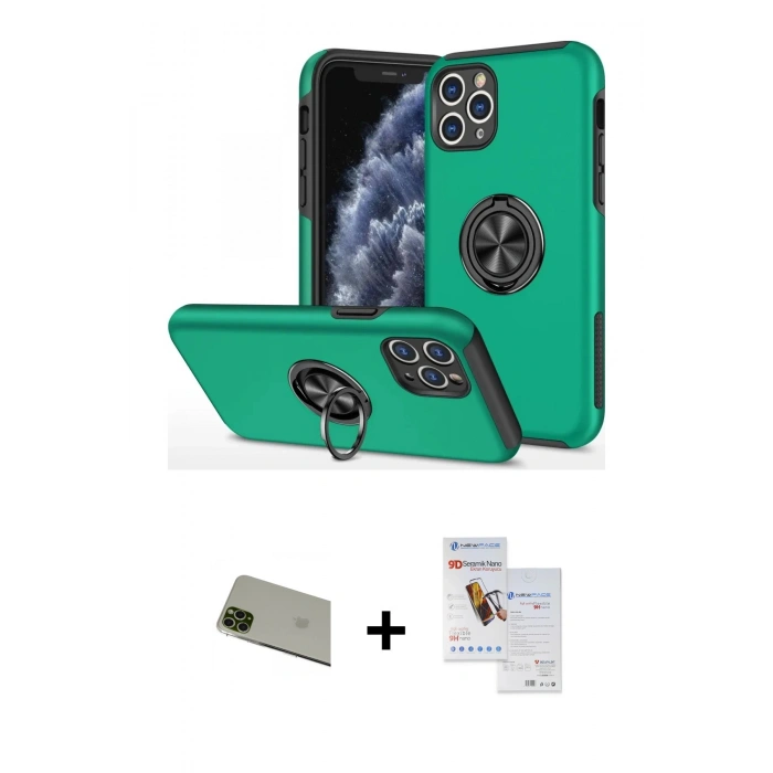 MARSİLYAN™- iPhone 11 Pro Max Kılıf Odak Form Prime - Siyah Seramik Nano Ekran Koruyucu + Rainbow Kamera Lens Koruma Cam - YL