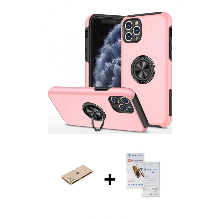 MARSİLYAN™- iPhone 11 Pro Max Kılıf Odak Form Prime - Siyah Seramik Nano Ekran Koruyucu + Renkli Kamera Lens Koruma Cam - YL