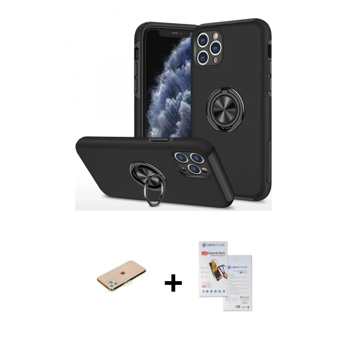 MARSİLYAN™- iPhone 11 Pro Max Kılıf Odak Form Prime - Siyah Seramik Nano Ekran Koruyucu + Renkli Kamera Lens Koruma Cam - YL