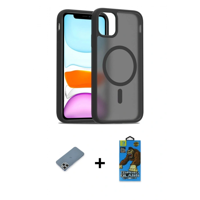 MARSİLYAN™- iPhone 11 Pro Max Kılıf Siluet Minimal Prime - Siyah 18D Cam Ekran Koruyucu + Metal Kamera Lens Koruma Cam - GS