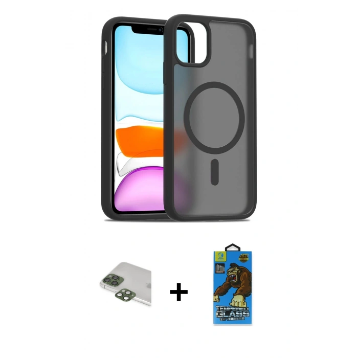 MARSİLYAN™- iPhone 11 Pro Max Kılıf Siluet Minimal Prime - Siyah 18D Cam Ekran Koruyucu + Pers Alüminyum Kamera Lens - YL