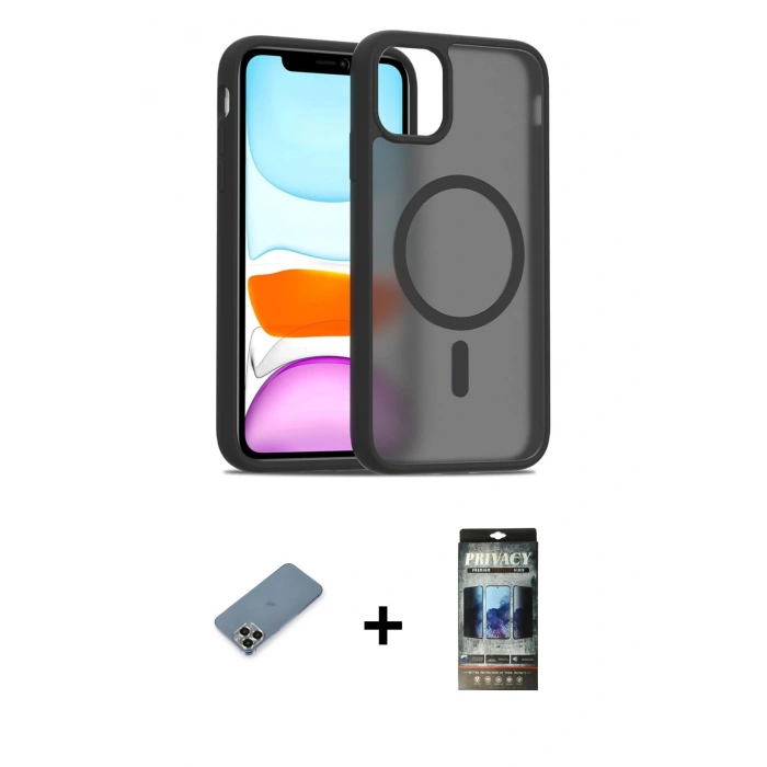 MARSİLYAN™- iPhone 11 Pro Max Kılıf Siluet Minimal Prime - Siyah 34D Hayalet Izgaralı Cam + Metal Kamera Lens Koruma Cam - GD