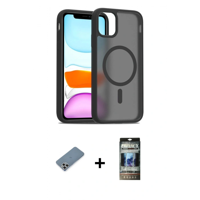 MARSİLYAN™- iPhone 11 Pro Max Kılıf Siluet Minimal Prime - Siyah 34D Hayalet Izgaralı Cam + Metal Kamera Lens Koruma Cam - GS
