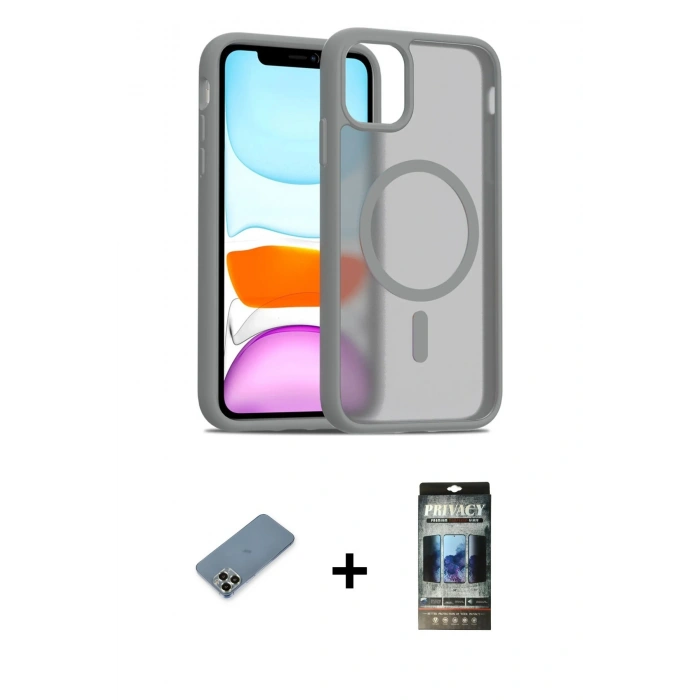 MARSİLYAN™- iPhone 11 Pro Max Kılıf Siluet Minimal Prime - Siyah 34D Hayalet Izgaralı Cam + Metal Kamera Lens Koruma Cam - AKYL