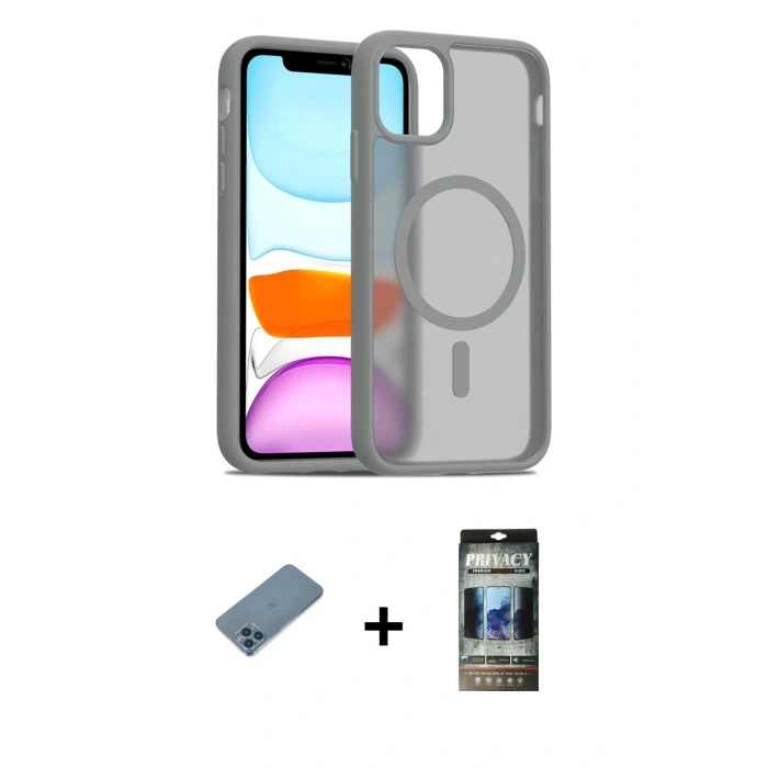 MARSİLYAN™- iPhone 11 Pro Max Kılıf Siluet Minimal Prime - Siyah 34D Hayalet Izgaralı Cam + Shine Kamera Lens Koruma Cam - MI