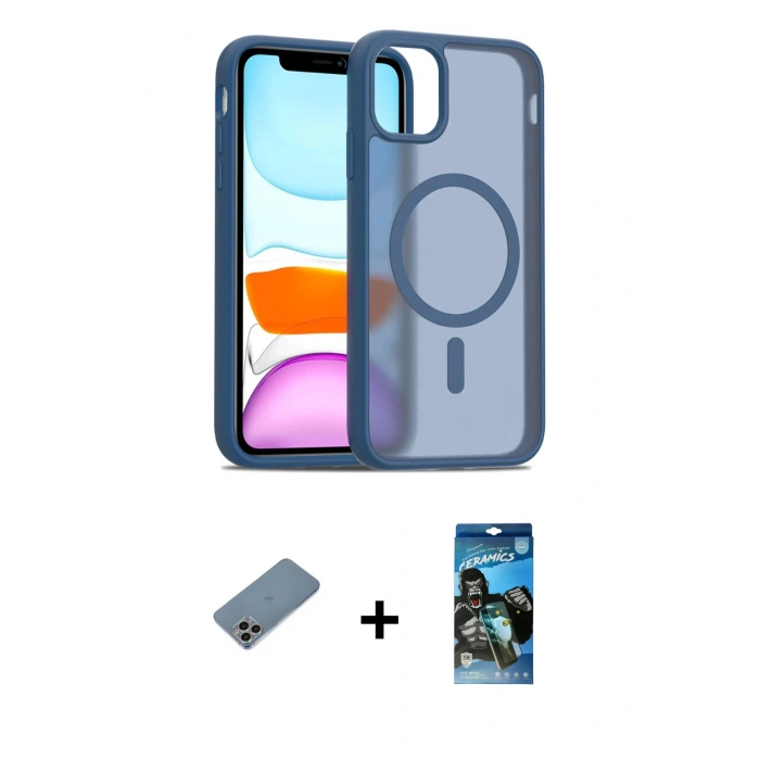 MARSİLYAN™- iPhone 11 Pro Max Kılıf Siluet Minimal Prime - Siyah 34D Izgaralı Cam + Gökkuşağı Shine Kamera Lens Koruma Cam