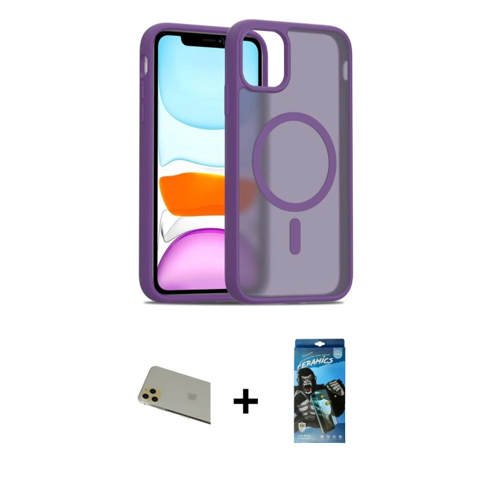 MARSİLYAN™- iPhone 11 Pro Max Kılıf Siluet Minimal Prime - Siyah 34D Izgaralı Cam + Gold Rainbow Kamera Lens Koruma Cam