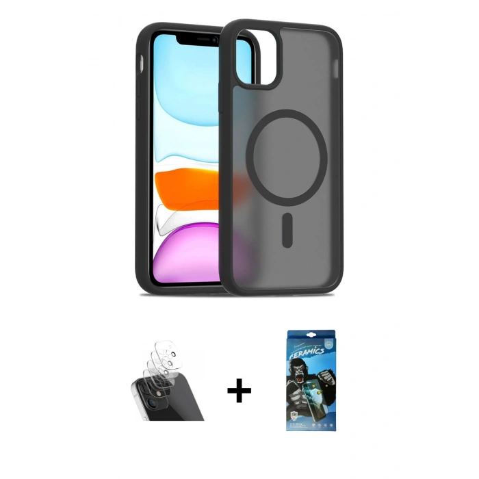 MARSİLYAN™- iPhone 11 Pro Max Kılıf Siluet Minimal Prime - Siyah 34D Izgaralı Cam + Kamera Lens Koruma Cam - SF