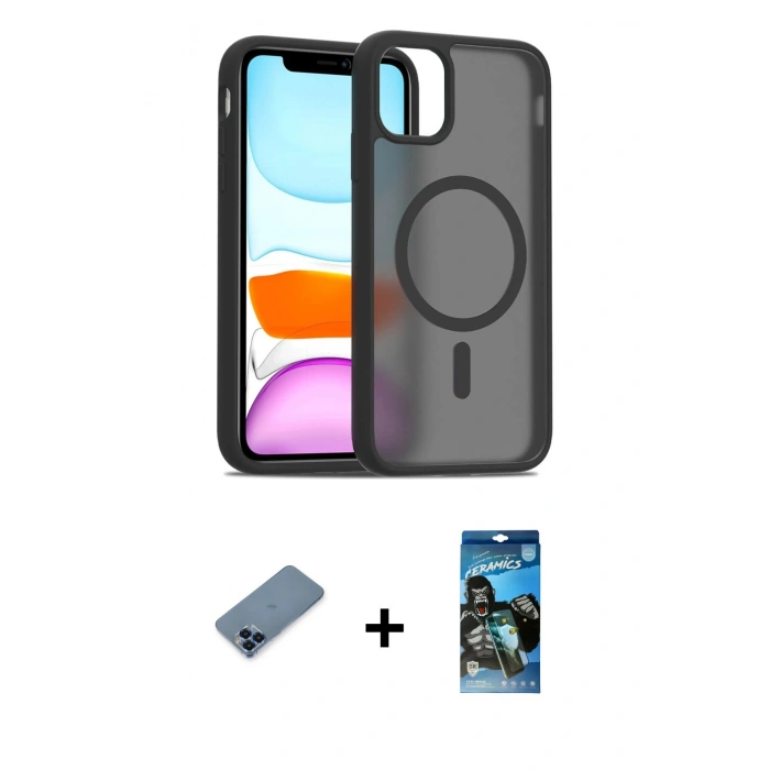 MARSİLYAN™- iPhone 11 Pro Max Kılıf Siluet Minimal Prime - Siyah 34D Izgaralı Cam + Mavi Metal Kamera Lens Koruma Cam